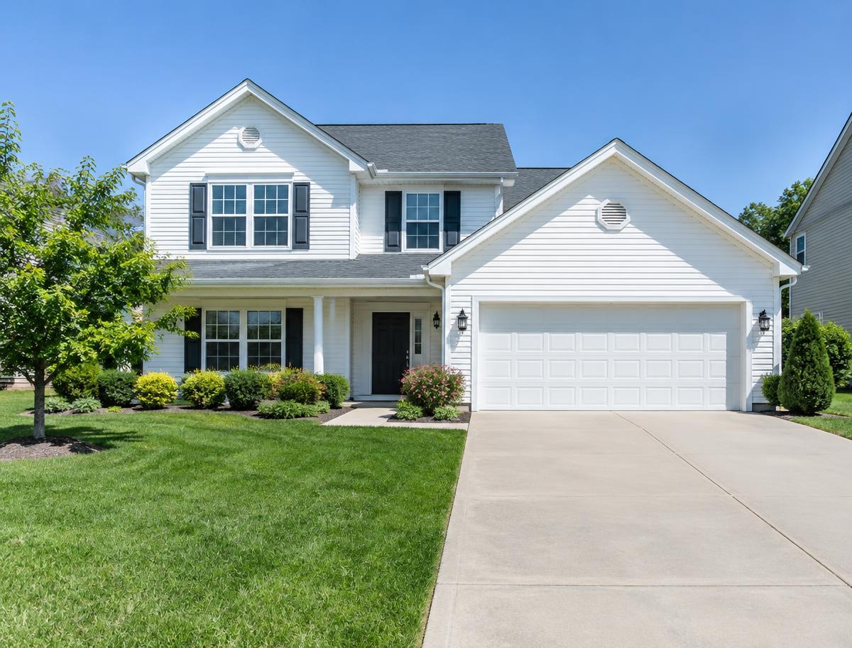 Single-family home with clean white vinyl siding and concrete driveway