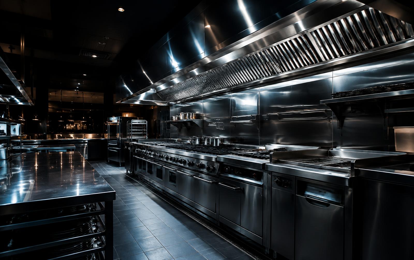 Stainless-steel exhaust hood above a commercial cooking line